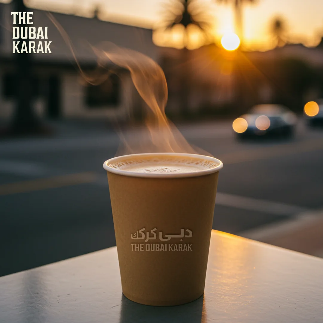 A cup of Dubai karak chai resting on a table in evening light